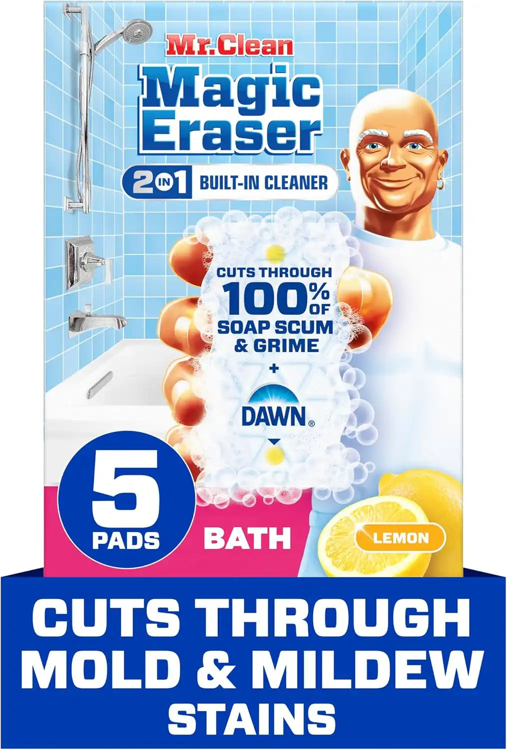 Mr. Clean Magic Eraser Sponge. Bathroom Cleaner. Shower Cleaner. Tub Cleaner. Soap Scum Remover. Bathroom Cleaning Supplies. Dawn Cleaning Power with Lemon Scent. 2 in 1 Bath. 5ct