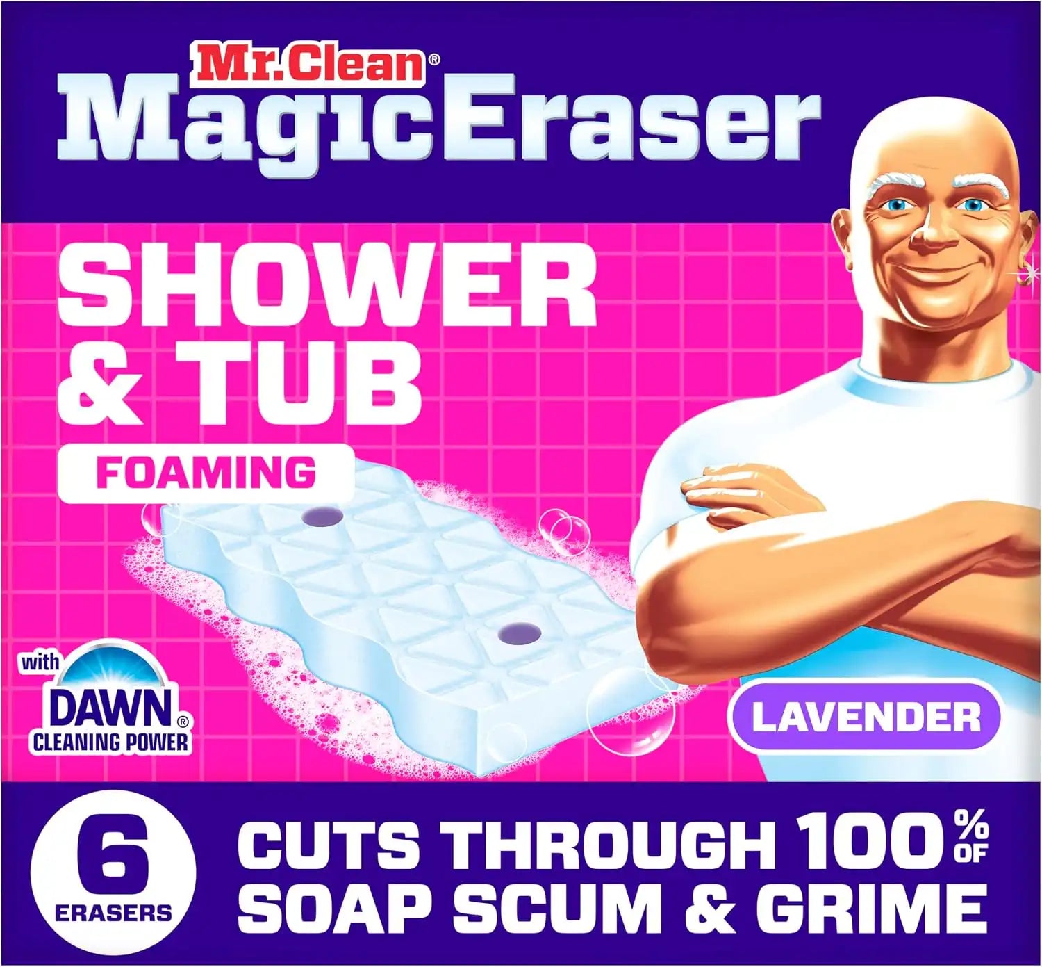 Mr. Clean Magic Eraser Sponge. Bathroom. Shower. Tub Cleaner. Soap Scum Remover. Bathroom Cleaning Supplies. Dawn Cleaning Power with Lavender Scent. Shower & Tub. 6ct