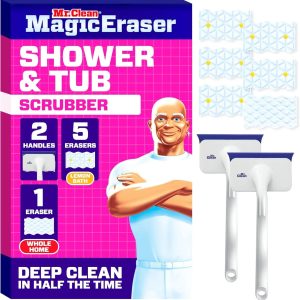 Mr. Clean Magic Eraser Shower & Tub Scrubber. Bathroom Cleaner. All in One Bathroom Cleaner. Lemon Starter Kit. 2 Scrubber. 5 Foaming Magic Erasers. 1 Whole Home Extra Durable Magic Eraser