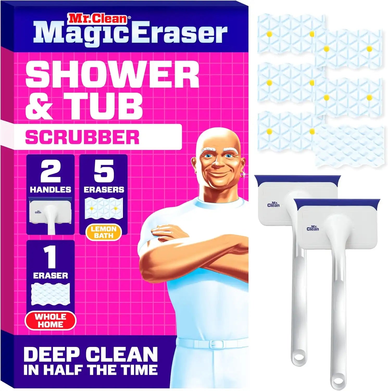 Mr. Clean Magic Eraser Shower & Tub Scrubber. Bathroom Cleaner. All in One Bathroom Cleaner. Lemon Starter Kit. 2 Scrubber. 5 Foaming Magic Erasers. 1 Whole Home Extra Durable Magic Eraser