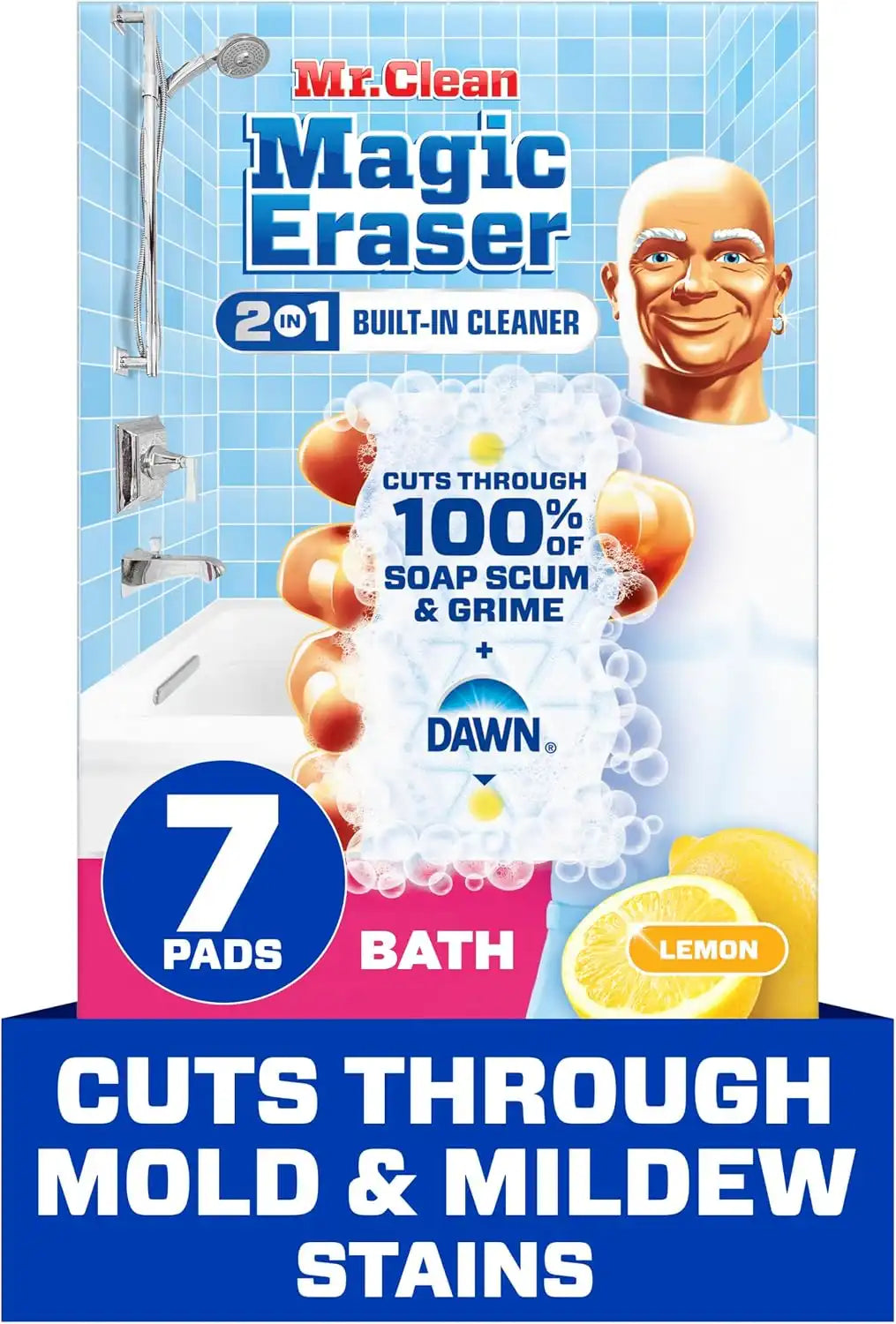 Mr. Clean Magic Eraser Sponge. Bathroom Cleaner. Shower Cleaner. Tub Cleaner. Soap Scum Remover. Bathroom Cleaning Supplies. Dawn Cleaning Power with Lemon Scent. 2 in 1 Bath. 7ct